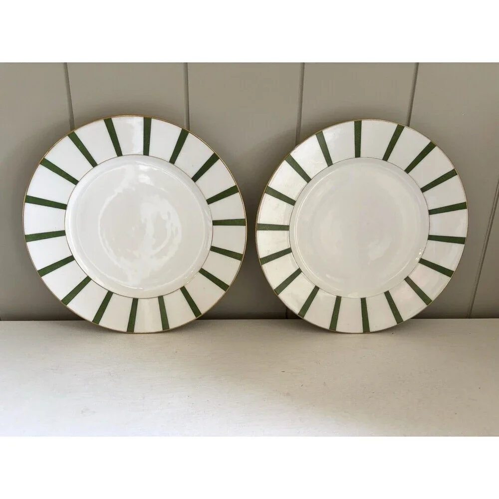 Vtg Pair 2 Appetizer Salad Plates Limoges France 8.5” Stripe Gold Trim Art Deco